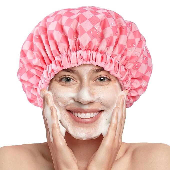 Shower Cap for Women Terry Lined Bath Cap Large Reusable Waterproof Elastic Pink Checkered Shower Caps for Long Thick Hair Soft Bath Shower Hair Caps