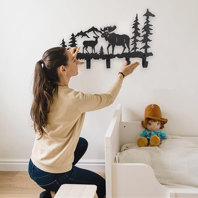Metal Moose Coat Hooks Wall Art Decor-Moose Hangers and Key Holder-Clothes Hat Rack-Animal Theme Hooks Sweet Home Decor for Storage, Living Room, Hallway, Office (Black)