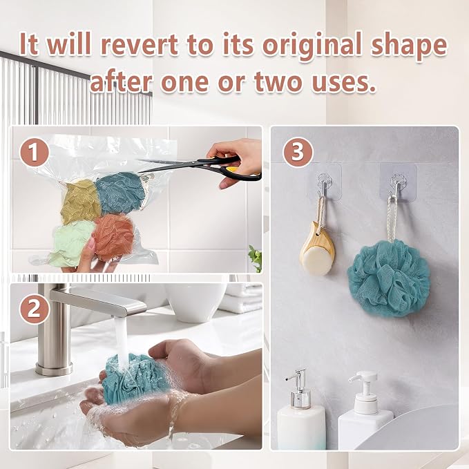 Rnoafmu Shower Loofah Bath Sponge, 60G Loofa Exfoliating Body Scrubber | 4 Pack Mesh Shower Pouf Balls for Men and Women, Rich Lather with Body Wash, Bath Accessories (Yellow Red Green Blue)