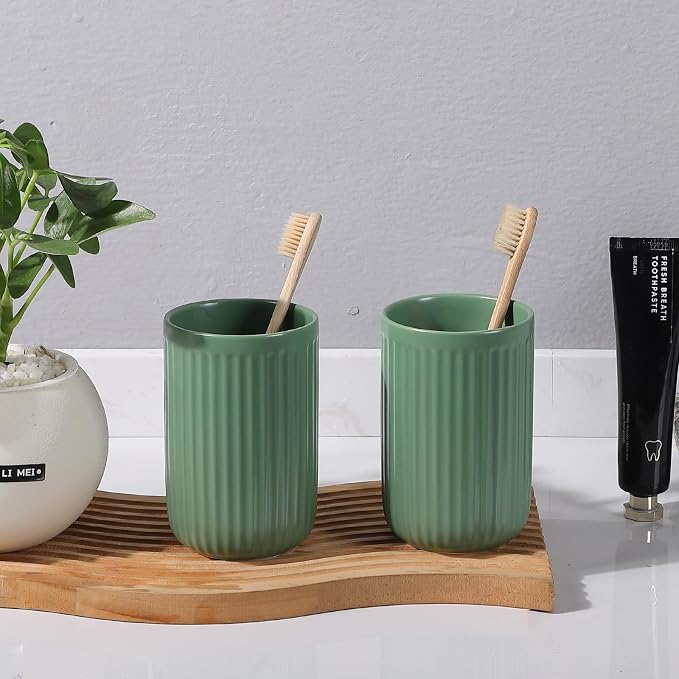Green Toothbrush Holders for Bathrooms - 2 Cups Ceramic Toothbrush Toothpaste Holders Set, Green Bathroom Tumbler Cups Reusable Toothbrush Mouthwash Cup, Bathroom Counter Organizer.