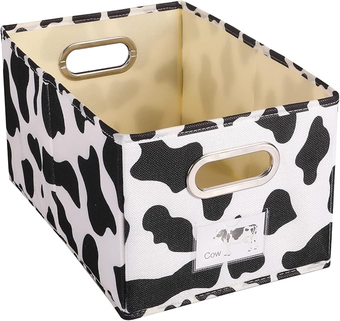 ANMINY Fabric Storage Bin Cow Print Cotton Linen Foldable Open Storage Basket Box with Handles PP Plastic Board Label Window Decorative Washable Desktop Closet Shelf Organizer Container - Medium
