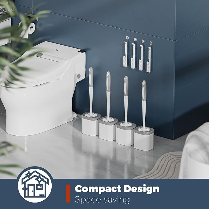 Holaloha Toilet Brush and Holder Set, Space Saving, 4 Pack, White | Bathroom Accessories, Ergonomic Silicone Handle, Dense Bristles, Deep Cleaning, with 4 Crevice Brushes, Compact Design
