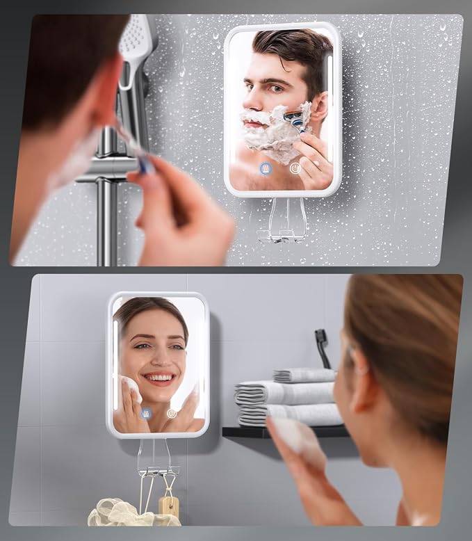 Gospire Heated Shower Mirror Fogless for Shaving with Light - White | 5000mAh Rechargeable Battery, Detachable Suction Cup & Razor Holder for Wall, NO-Drilling, Removable, Waterproof for Bathroom