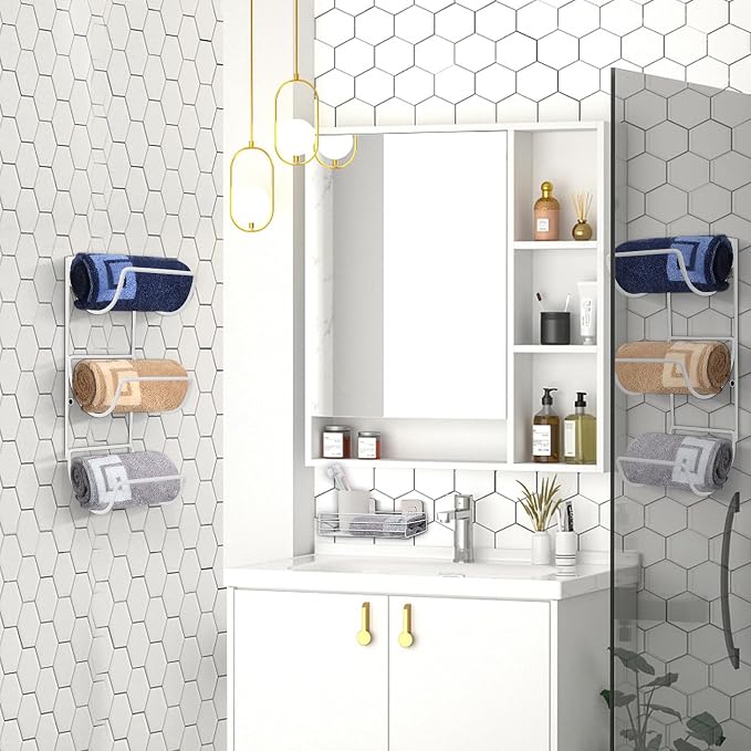 NearMoon Towel Rack Wall Mounted- All Metal Bathroom 2 Towel Rack Holders+ Hand Towel Storage Basket, Rustproof 3 Level Wine Rack Organizer for Hand Towels, Washcloths, 2+1 Pack (White)