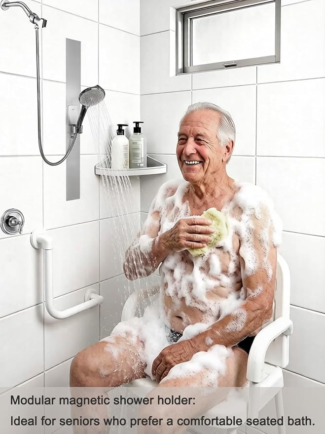 Modular Magnetic Handheld Shower Head Holder, 5-Section Customizable Sliding Rail with Tool-Free Adhesive Installation, Adjustable Height and Angle for Shower Chairs, Kids, Pets, Elderly, RV, Bathtub