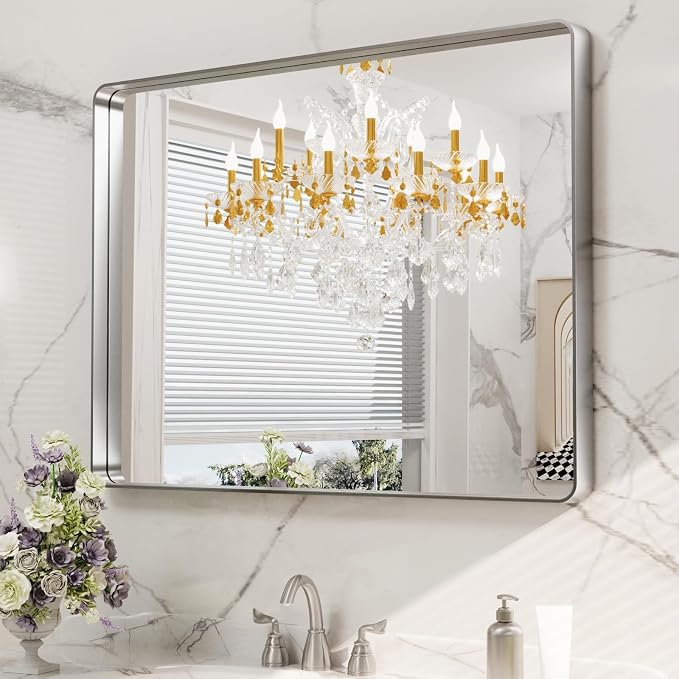 LOAAO 40X24 Inch Brushed Nickel Bathroom Mirror | Rounded Rectangle, Silver Metal Frame, Anti-Rust, Hangs Horizontally or Vertically