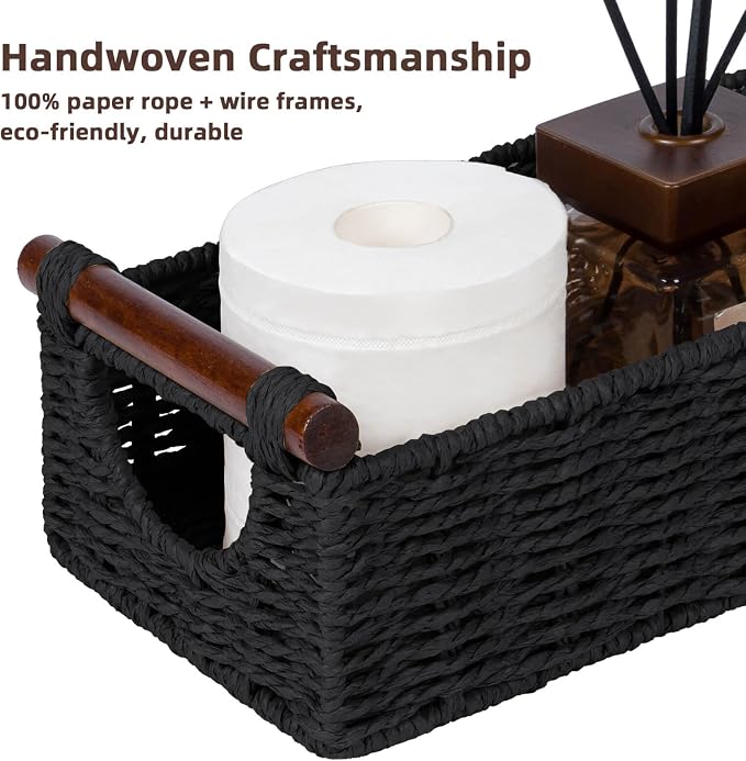 CubesLand Small Wicker Toilet Basket Tray Organizer W/Cut Out Handle, Handwoven Slim Decorative Basket for Countertop, Shelves And for Rustic Home Decor, Living Room, Nursery Organization, Black
