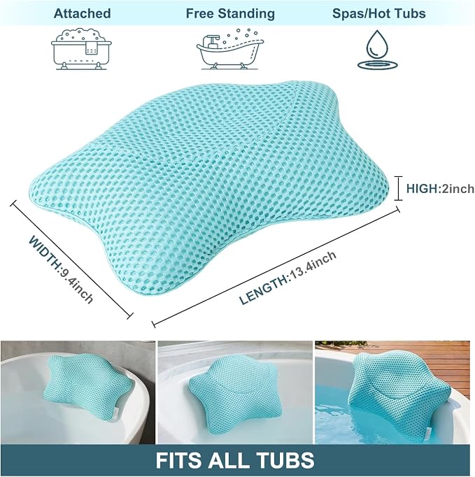 Non Slip Bath Pillow, Luxury Spa Bathtub Head & Neck Rest Support, Permeable Quick Drying Air Mesh Tub Pillow with 4 Large Suction Cups, Fits Any Tubs, Soft and Relaxing-Lake Blue