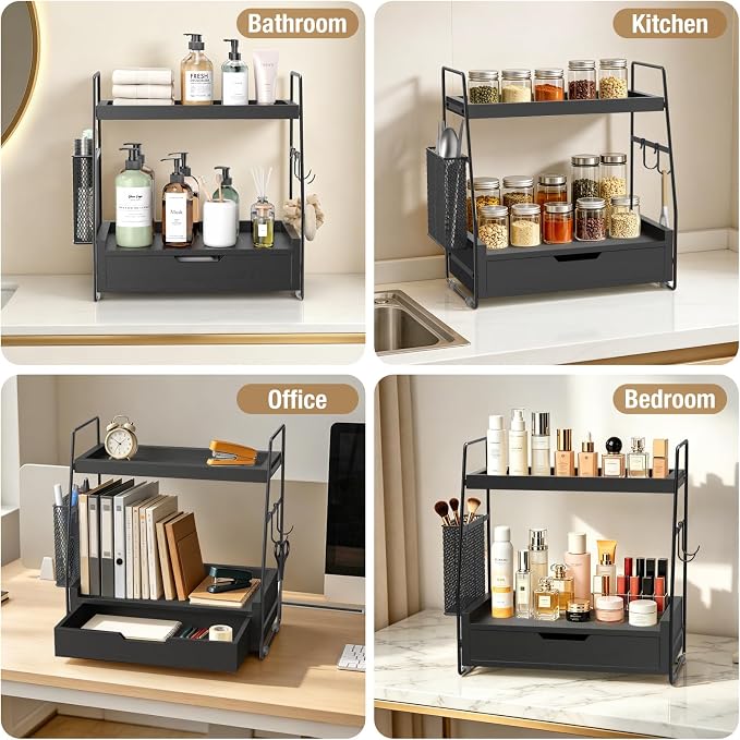 2-Tier Bathroom Counter Organizer with Drawer and Removable Basket, Wood Vanity Countertop Storage for Perfume, Makeup, Skincare, Bathroom Counter Shelf, 13" x 7.9" x 14.5", Black