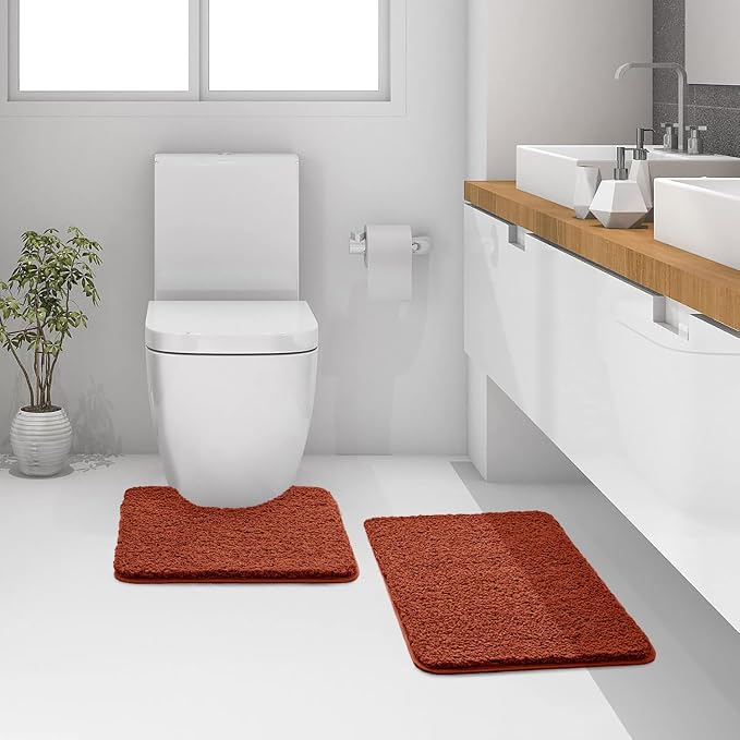 MIULEE Fall Rust Bathroom Rugs Set 2 Piece Soft Bath Mats 20x24+20x30 Inch | Absorbent Microfiber Bath Mat and U-Shaped Toilet Rug, Non Slip, Quick Dry, for Bathroom Floor Tub Showers, Machine Washable