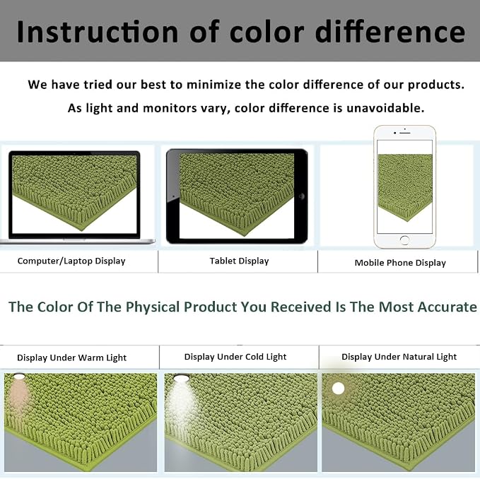 Lime Green Bathroom Rug Set - Extra Soft 3 Piece Anti-Slip Bath Mats, Plush Chenille Shaggy Mat for Living Room, Bedroom, Floor - Water Absorbent Soft Rug