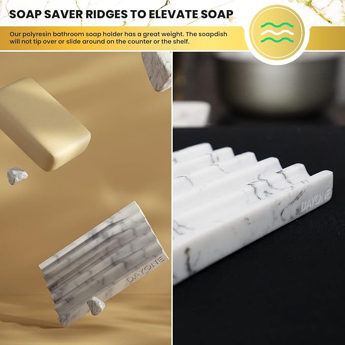 DAY1 Marble Soap Dish Tray ā Bathroom Sink Soap Holder, Vanity Tray, Brush Organizer, Decorative Resin Dish for Kitchen, Countertop, Bathtub, Bar Soap, Sponges, Paint Brushes (White)