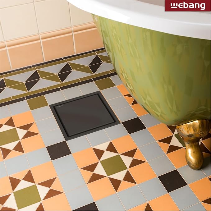 WEBANG 6 Inch Square Shower Drain Black Floor Drain with Flange Reversible 2-in-1 Cover Tile Insert Grate Removable SUS304 Stainless Steel CUPC Certified Matte Black