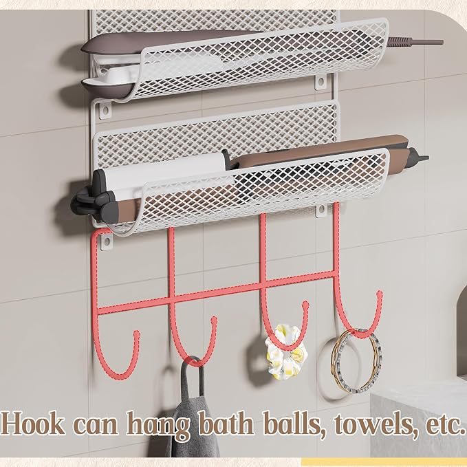 Wall-Mounted Hair Dryer Holder Styling Tool Organizer 4-Shelf Storage Wire Basket with Hook Heat Safe Rack for Hair-Straighteners,Curling Wands,Flat Iron,Cabinet Door Bathroom Kitchen White