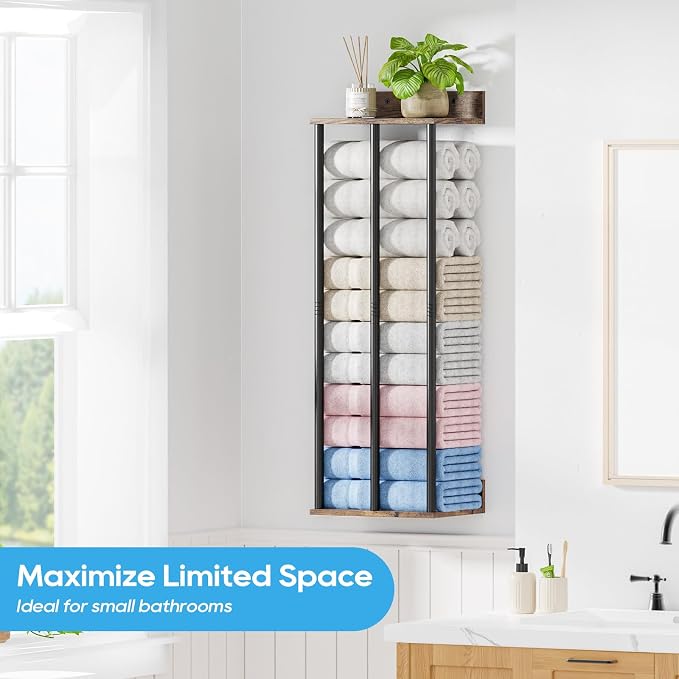 Towel Racks for Bathroom Wall Mounted with Wooden Storage Shelf | Updated 3 Bar Metal Towel Holder for Rolled Towels, Rustic Sturdy and Large Capacity, Towel Storage Organizer