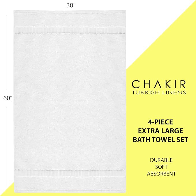 Chakir Turkish Linens 100% Cotton 4-Pack Bath Towels 30x60, White | 100% cotton bath towels, 30x60 extra large, OEKO-TEX certified, soft plush and absorbent