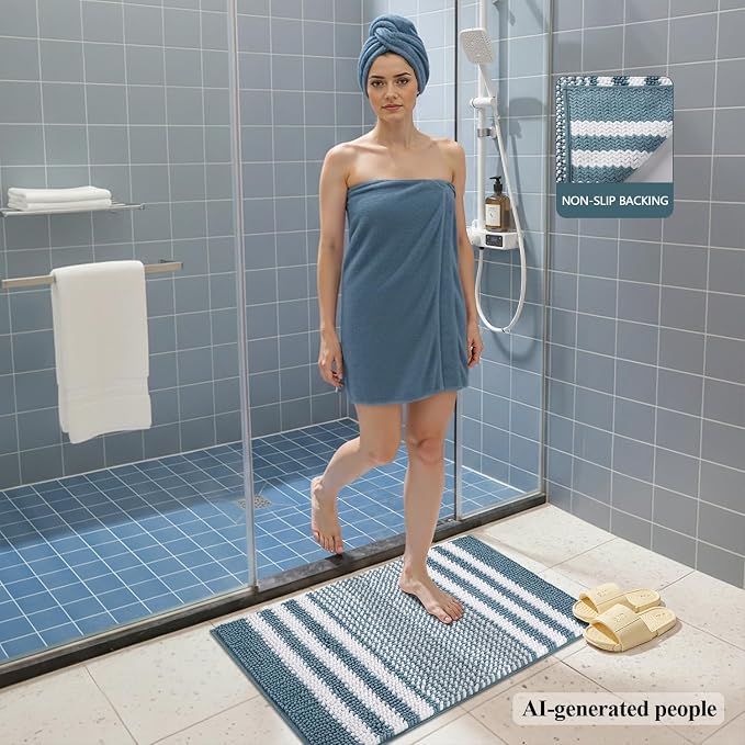 Bathroom Rugs, 17x24 Chenille Bath Mats, Denim Blue | Extra Soft Absorbent, Non Slip Striped, Quick Dry Machine Washable, Modern,Shower Rug for Bathroom Bedroom Decor