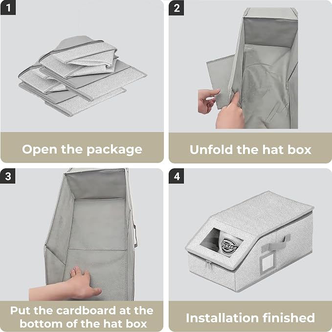3 Pack Hat Organizer Box for Women & Men, Foldable Storage Box with Clear Lid for Baseball, Cowboy Caps, Stackable Clear Hat Organizer, Store up to 42 Caps, Grey