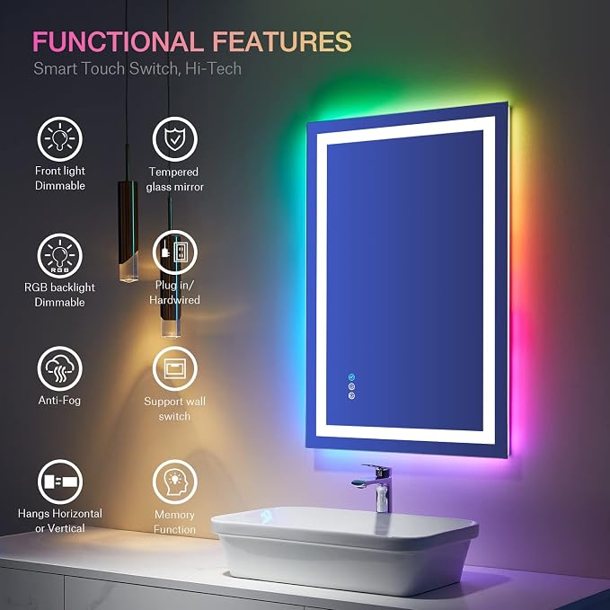 LOAAO 28"X36" RGB LED Bathroom Mirror with Lights | Anti-Fog, Dimmable, RGB Backlit + Front Lighted, Memory Function, Tempered Glass, UL Listed