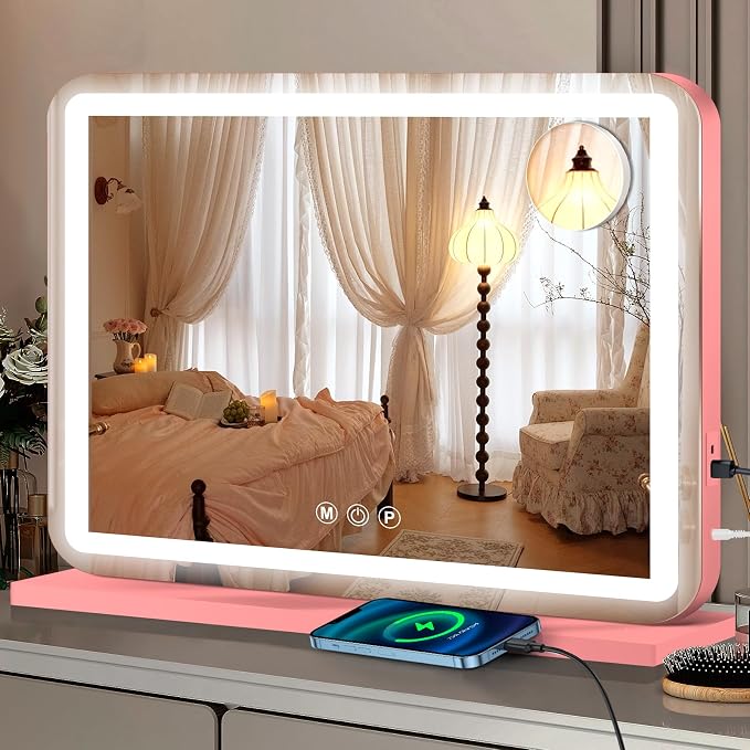 Ratsamee 23"x18" Pink Vanity Mirror with Lights, Led Makeup Mirror, Lighted Makeup Mirror with 3 Color Dimmable Lights, Smart Touch Screen Control, Aluminum Metal Frame,USB Charging Port