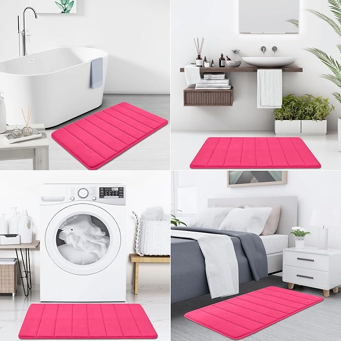 Buganda Memory Foam Bath Mat 24 x 16, Ultra Soft Absorbent Bathroom Rugs | Deep Pink, Machine Washable Quick Dry Bath Mats for Bathroom Floor, Shower and Tub, Home Decor Accessories