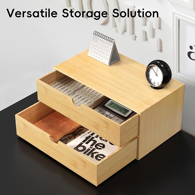 Neando Bamboo Desk Organizer with 2 Drawers, Wooden Countertop Drawers Organizer, Tabletop Storage Organization Box for Office & Home, No Assembly Needed