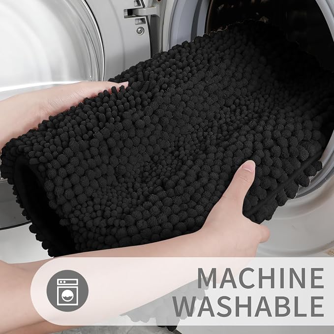 Yimobra Bathroom Rug Set 2 Piece, Absorbent Chenille, 32x20+24x17, Black | Non Slip Machine Washable Quick Dry Bath Mat Set, Soft Plush Shower Rugs for Bathroom Floor Sink Tub and Shower Outside
