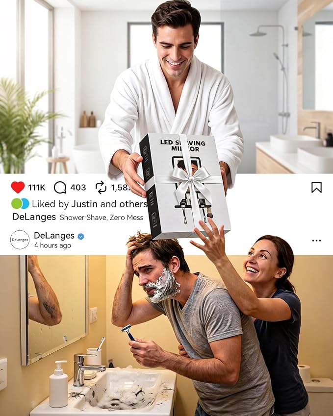 Heated Shower Mirror Fogless for Shaving with 3-Color Dimmable LED Lights, Rechargeable, 360 Degree Adjustable, Drill-Free, All-in-One Storage Tray Holds Shaving Foam, Brush and 2 Razors