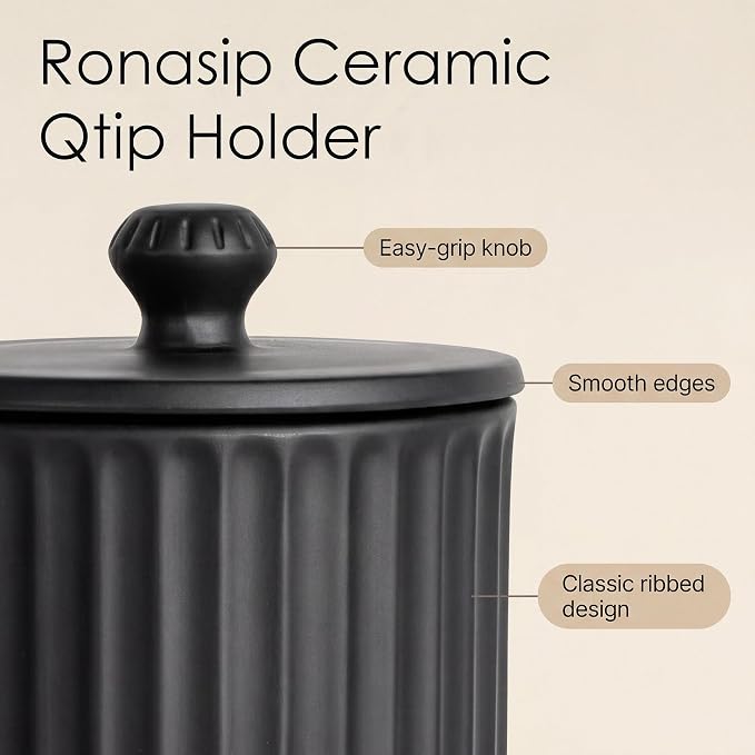 Ronasip Ceramic Bathroom Organizer and Storage Jars with Lid, 2 Pack Qtip Holder and Cotton Pad Dispenser, Apothecary Canisters for Vanity, Kitchen Countertop, Home Decor (2, Black)