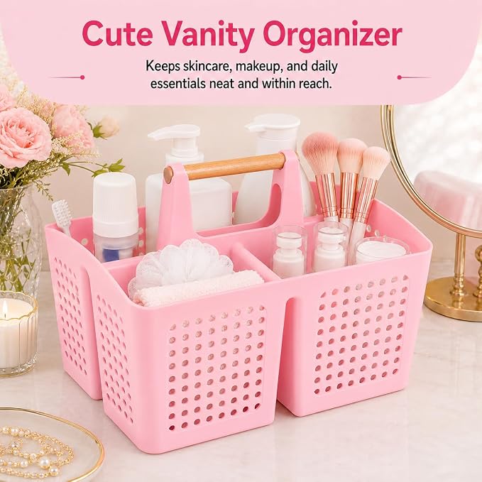 Portable Shower Caddy Basket with Wood Handle, 3-Compartment Bathroom Organizer Tote with Drain Holes, Plastic Shower Basket for Dorm, Toiletries, Cleaning Supplies, Candy Pink