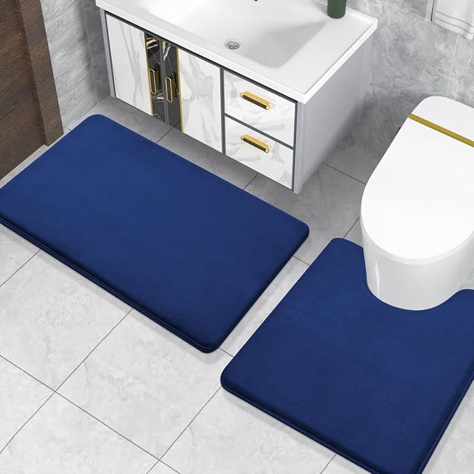Smiry Memory Foam Toilet Rugs 24x24, Extra Soft Absorbent Bathroom Rugs | Navy Blue, Quick Dry Machine Washable Non-Slip Contour Bath Mat for Toilet