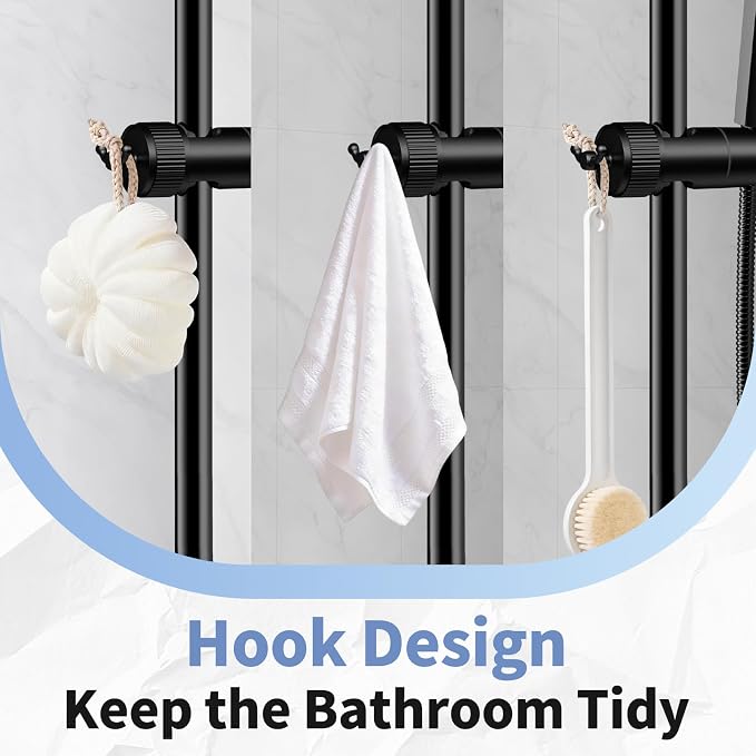 OFFO Shower Head Holder, Adjustable Handheld Shower Head Holder with 2 Hooks for 0.79-0.9 in Shower Hose, 360 Degree Rotation Shower Handle Holder for 0.63-1.1 in O.D. Shower Slide Bar, Matte Black
