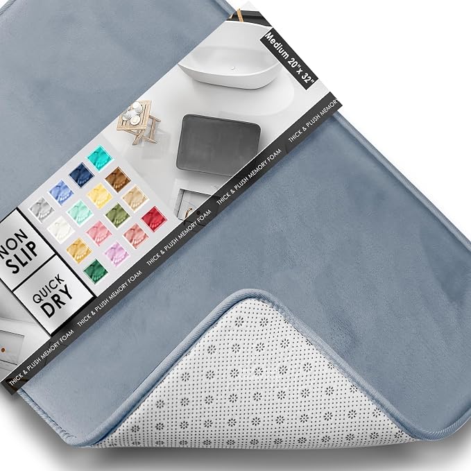 Clara Clark Bathroom Rugs, Velvet Memory Foam Bath Mat, Non-Slip Bath Rugs, Machine Wash, Dries Quickly, Ultra Soft Plush Bath Mats for Bathroom, 20 x 32, Stone Blue