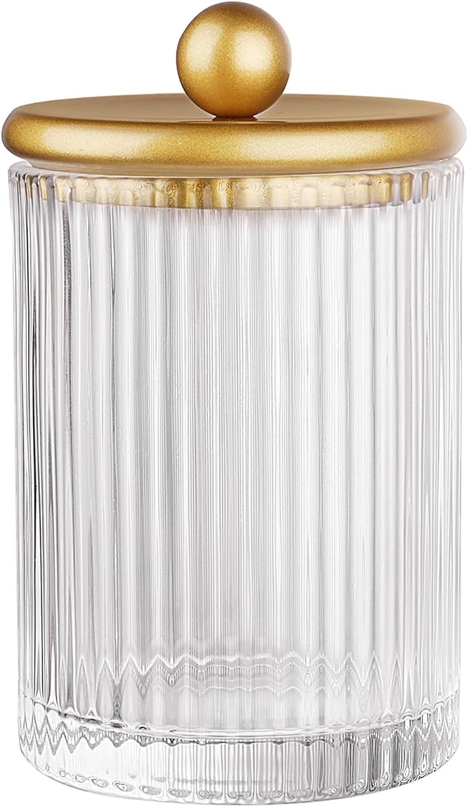 SheeChung 1 Pack Gold Ribbed Glass Qtip Holder with Metal Lids | Apothecary Jars Bathroom Organizer Countertop Vanity Canister Set for Cotton Swabs, Rounds, Floss Picks-Modern Luxury Decor