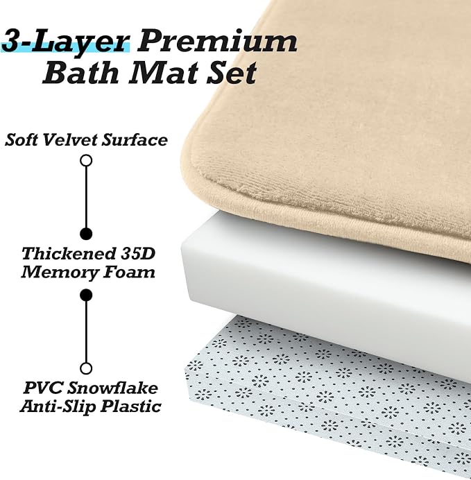 Bathroom Rugs Sets 3 Piece, Non-Slip & Quick Dry Bath Mat Set, Ultra Soft Velvet Bath Rugs for Bathroom, Toilet and Shower Floor, Light Coffee