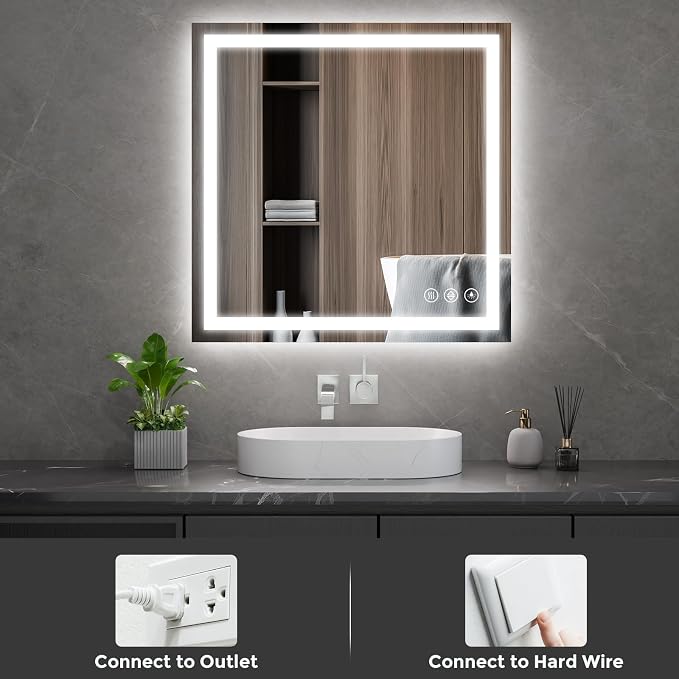 Koonmi 32x32 LED Bathroom Mirror with Light, Anti-Fog, 3 Colors | Backlit + Front Lit, Dimmable Brightness, Shatterproof HD Distortion-Free Tempered Glass, Hardware Included