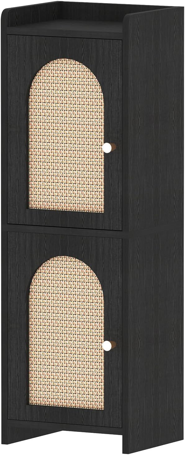 Rattan Bathroom Storage Cabinet,Corner Floor Cabinet with 2 Doors and Adjustable Shelf, Narrow Toilet Paper Cabinets with 2Hooks,Toilet Organizer for Small Spaces,7.87"D*9.84"W*29.72"H(Black)