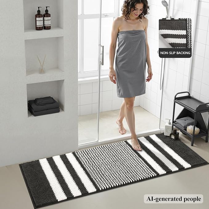 Large Bathroom Rugs, 24x36 Chenille Bath Mats, Dark Grey | Extra Soft Absorbent, Non Slip Striped, Quick Dry Machine Washable, Modern, Shower Rug for Bathroom Bedroom Decor