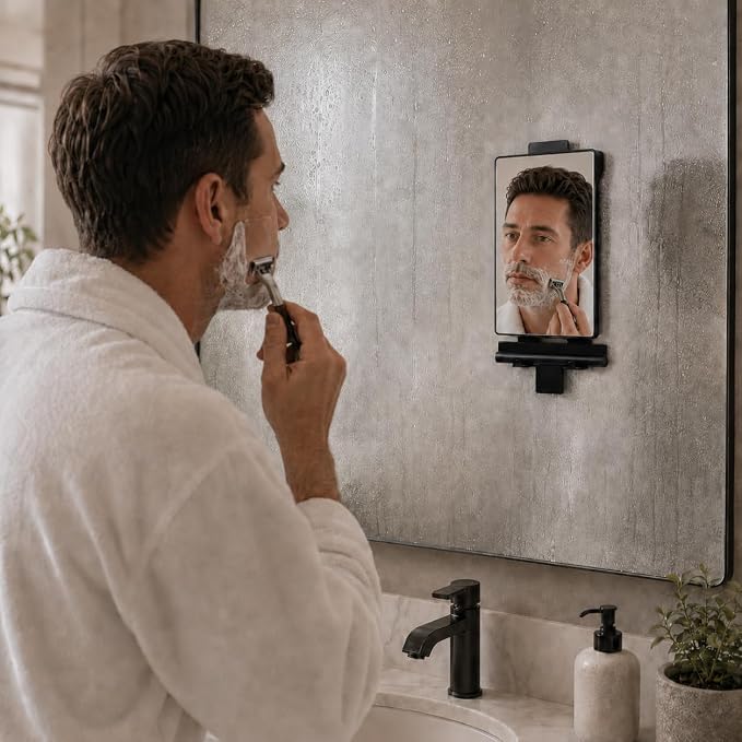 HONEYBULL Fogless Shower Mirror for Shaving with Water Tank, Adhesive Mount | Built in Water Reservoir for Natural Fog Free Effect, Easy Installation, Bonus Squeegee, Razor Holder, 5.5" x 8" Mirror