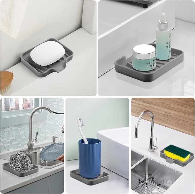 Silicone Soap Dish with Drain, SAISN Kitchen Soap Tray for Shower 2 Pack Self Draining Soap Dish Soft Bathroom Soap Holder for Kitchen Sink Flexible Portable Soap Saver, Grey