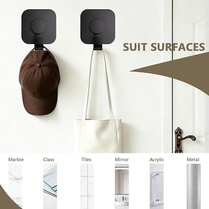 Aikzik 4 Pack Large Heavy Duty Wall Hooks - 26lb Max, Stainless Steel Adhesive Towel Hooks for Hanging Towel, Coat, Robe, Sticky Towel Holder for Wall Mount in Bathroom, Kitchen, Shower, Door - Black