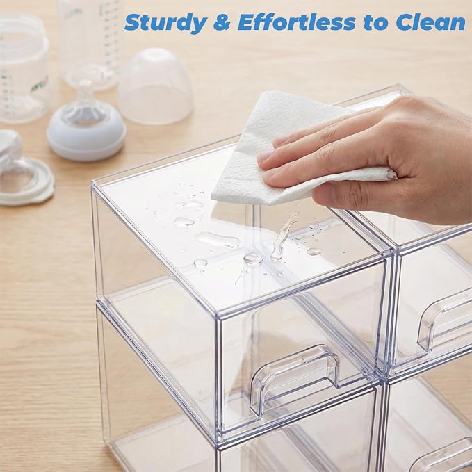 Baby Bottle Organizer, 5 Pack Stackable Storage Dust-proof Drawers, Clear Plastic Bottle Station Organizer for Countertop & Cabinet, Pacifier and Medicine Container for Nursery