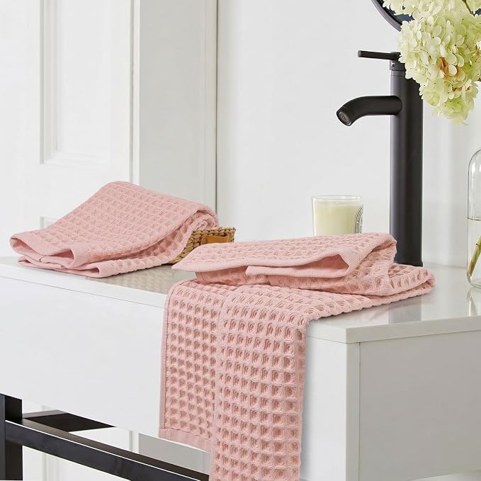 Jacquotha Waffle Hand Towels for Bathroom Decor (Pink) | 2-Piece Cotton Face Towels, Fast Drying & Absorbent, 13” x 29”