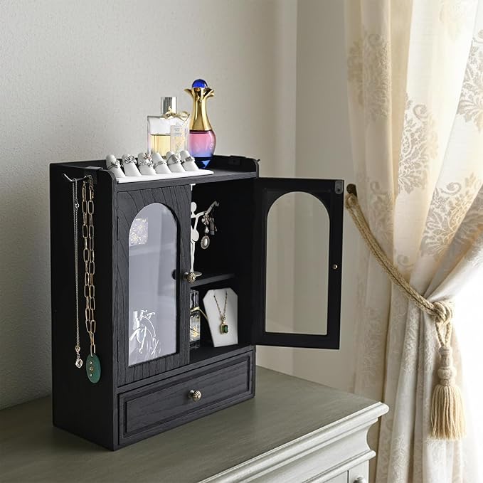 Ikee Design Wooden Countertop Storage Cabinet with Magnetic Door, Adjustable Shelves, Removable Hooks and Drawer for Perfume, Makeup, Pantry, Black Color, 12.2 W x 6 D x 15.7 H in