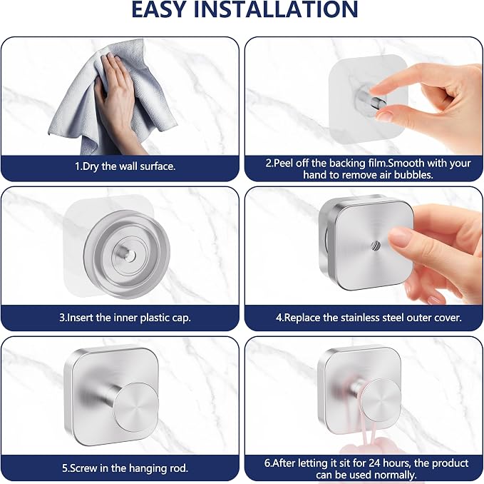 Aikzik Adhesive Hooks for Shower, Heavy Duty Replaceable Sticky Large Wall Towel Hooks for Hanging Towel, Robe, Coat, Stainless Steel Hook for Bathroom and Door, Waterproof & Rustproof - 2 Pack,Silver