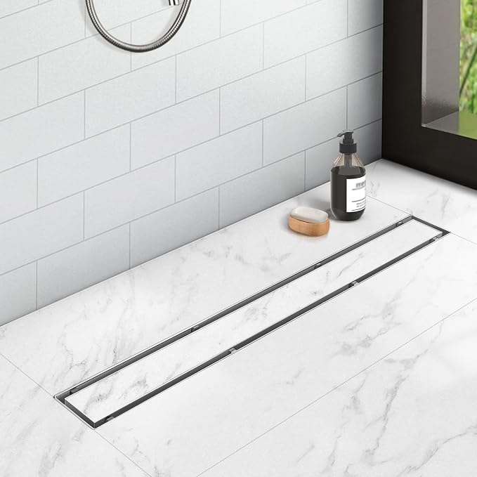 YEFU Shower Drain Nickel for Bathroom: 60 Inch Stainless Steel Linear Shower Drain – 2-in-1 Shower Floor Drain with Tile Insert Grate – Rectangle Linear Drain with Adjustable Feet & Hair Strainer