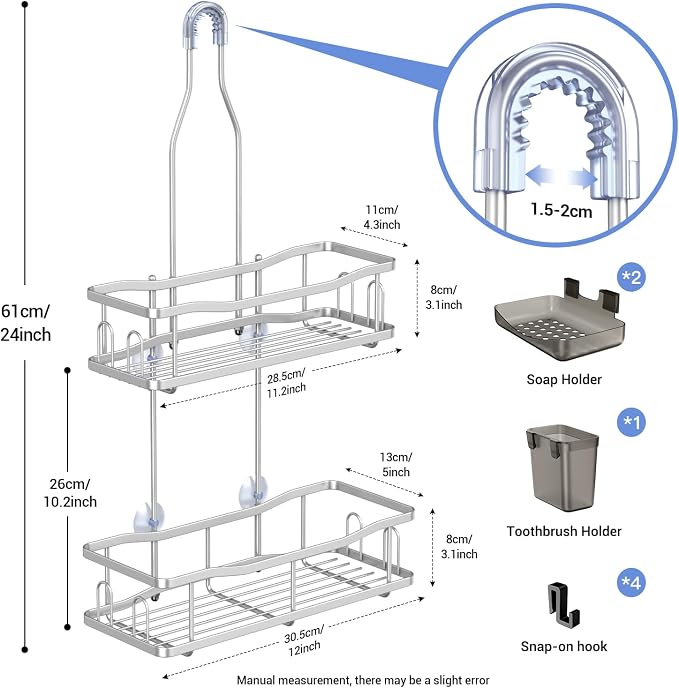 Hanging Shower Caddy Over Shower Head - No Drill Rustproof Shower Rack | Includes Soap Holder and Hooks for Shampoo, Conditioner, and Bathroom Essentials with Stable Storage in Any Shower Space