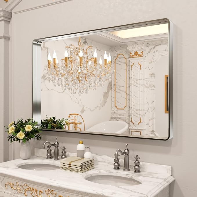 LOAAO 50X30 Inch Brushed Nickel Bathroom Mirror, Rounded Rectangle Silver Metal Frame Mirror, Brushed Nickel, Anti-Rust, Shatter Proof, Hangs Horizontally or Vertically | Rounded Rectangle, Silver Metal Frame, Anti-Rust, Tempered Glass, Hangs Horizonta...