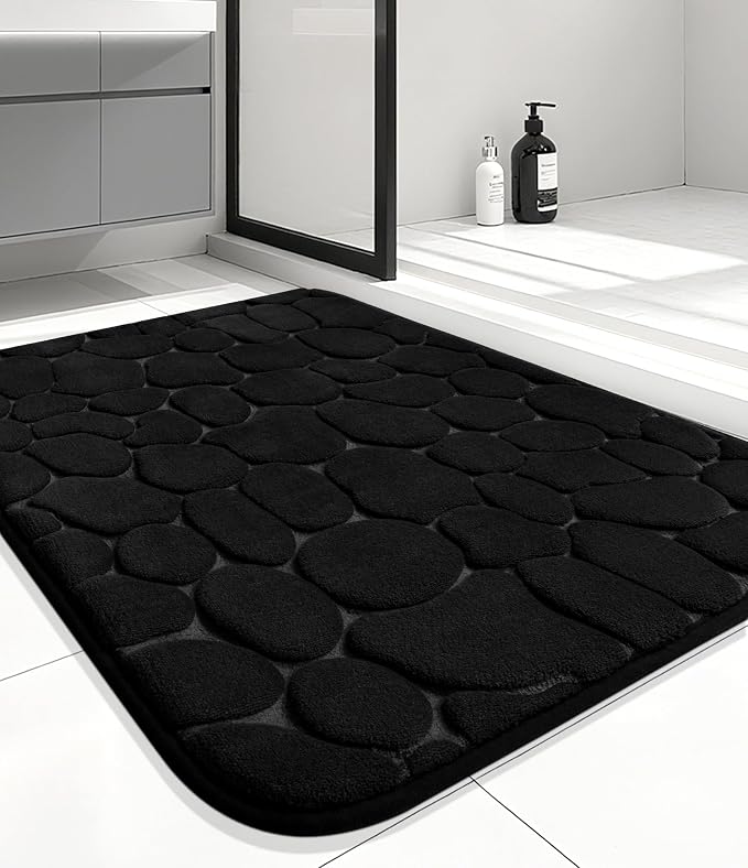 YIHOUSE Memory Foam Runner Rug, Cobblestone Bathroom Runner Rugs Super Water Absorbent Bath Mats for Bathroom Machine Washable Bath Rugs for Hallway Bedroom Laundry Room(24 x 47,Black)