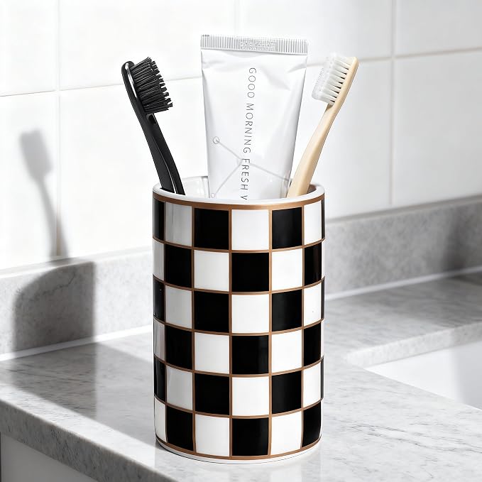 Checkered Bathroom Toothbrush Holder, Bathroom Black and White Ceramic Toothbrush Holder, Modern Toothbrush Box, Used for Bathroom countertop Storage Rack, Checkered Bathroom Decoration (Black)
